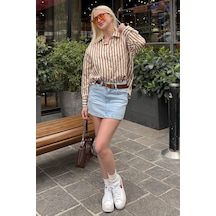 Madmext Bej Cep Detaylı Çizgili Kadın Gömlek Mg2295 Bej