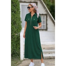 Butik İstanbul Kadın Kısa Kollu Yakalı Fermuarlı Uzun Viskon Iki Iplik Elbise Yeşil