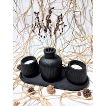 Küp Vazolu Tabaklı Tealight Mumluk Set Siyah