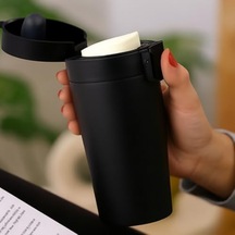 380 Ml Siyah Sızdırmaz Termos Matara Çift Katmanlı Paslanmaz Çelik, Isı Yalıtımlı Seyahat Ve Ofis Kupası