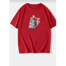 Kozia Outdoors Sevimli Kedi Baskılı Oversize Basic O Yaka Unisex T-shirt Kirmizi