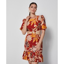 Desenli Kadın Mini Elbise - Pencere Detaylı - Modern Ve Şık - Günlük Ve Özel Günler İçin Elbise Kiremit