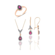 Gümüş Rose Kök Yakut Taşlı Damla Üçlü Set Gümüş Rose Kök Yakut Taşlı Damla Üçlü Set