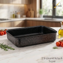 2li Granit Köşeli Tepsi Seti - Siyah Siyah