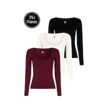 Rich Kadın 3'lü Paket Siyah-beyaz-bordo U Yaka Vücudu Saran Uzun Kollu Bluz Çok Renkli
