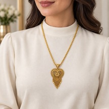 Gold Renk Kalp Motifli Püsküllü Taşsız Hint İşi Halat Zincir Kadın Kolye 60+5 Cm Renkli