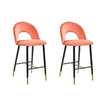 Falton 2 Li Mercan Kadife Retro Bar Sandalyesi, Altın Detaylı, 62 Cm Oturum Turuncu