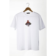 Kadın Beyaz Bisiklet Yaka Önü Şapkalı Baskılı Oversize T-shirt Beyaz