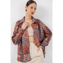 Bigdart Kadın Oversize Desenli Saten Gömlek 20365 - Kiremit KİREMİT