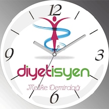 Kişiye Özel Diyetisyen Logolu Çap 30cm Sessiz Akar Bombeli Gerçek Cam Duvar Saati Siyah