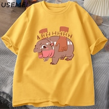 Flood Of Style Moo Deng Meme T Shirt Komik I Love Moo Deng Tee Hippo Sevgilisi T-shirt Pamuk Kısa Kol Sarı