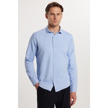Tudors Modern Slim Fit Pamuklu Kolay Ütü Armürlü Erkek Gömlek-33179 Mavi
