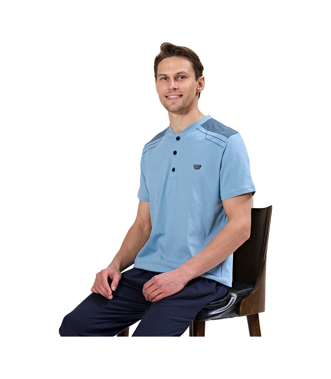 Over Sleep By Poleren Over Sleep 1734 Erkek Kısa Kol Uzun Alt Yazlık Büyük Beden Pijama Takım Mavi