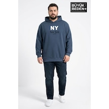 Süperlife Erkek Büyük Beden İnce Kapşonlu Ny Newyork Baskılı İnce Swatshırt Spr26bsw957-15 Mavi