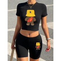 Tarzsokak Yaz Spor Yünlü Ayı Baskılar Kırpma T-shirt Şort Kadın Seksi İki Parçalı Set Üstleri Pantolon Siyah