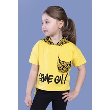 Toontoy Kids Toontoy Kız Çocuk Cep Detaylı Kapüşonlu Baskılı Tişört Sarı