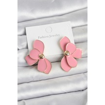 Pembe Mineli Lotus Model Pirinç Kadın Küpe - Pembe