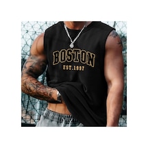 Caddemia Yaz Modası Gündelik Spor Gevşek Boston Est 1997 Baskı Rahat Nefes Alabilen Yuvarlak Boy Siyah