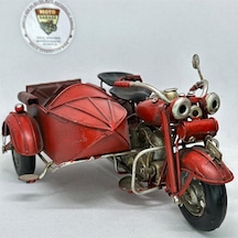 El Yapımı Dekoratif Yan Sepetli Kırmızı Motosiklet Model Metal Biblo & Vintage Maket 18 Cm