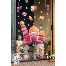Çift Taraflı Baskılı Cam İçin Pembe Tonlarında Cami Ramazan Ayı Temalı Cam Duvar Süsleri Hoşgeldin Ramazan Sticker Seti Dijital Baskı