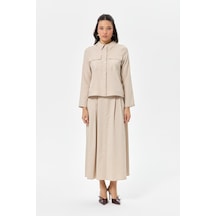 Çizgili Ve Düz Poliviskon Kumaş Etekli Takım Vizon Vizon