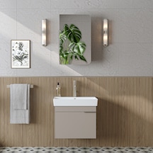 Likya Lavabolu Banyo Dolabı Takımı, Mdflam Tek Kapaklı Lavabolu 59 Cm Banyo Alt Dolabı + Üst Dolabı Kumtaşı Likya Lavabolu Banyo Dolabı Takımı, Mdflam Tek Kapaklı Lavabolu 59 Cm Banyo Alt Dolabı + Üst Dolabı Kumtaşı