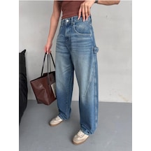 Baloon Fit Dikiş Detaylı Balta Cepli Tint Mavi Jean Mavi+tint