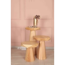 Doğal Masif Ahşap Mantar Sehpa 3 Lü Naturel Renk Zigon Sehpa Ve Fiskos Takımı - Wooden Side Table Naturel