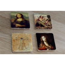 Leonardo Da Vinci Monalisa Ve Eserleri Doğal Taş Bardak Altlığı 4'lü Set - Natural Stone Coasters - Taş Çok Renkli