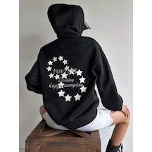 Fortune Yıldızlar Sweatshirt - Siyah Baskılı Oversize Kalın Kışlık Kapüşonlu Siyah