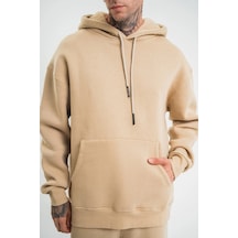 Unisex Double Oversize Kapşonlu Basic Sweatshirt - Bej Siyah Unisex Double Oversize Kapşonlu Basic Sweatshirt - Bej Siyah