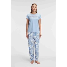 Ang Butik Kısa Kol Bisiklet Yaka Kadın Viskon Çiçek Desenli Yazlık Örme Dantel Detaylı Pijama Takımı mavi