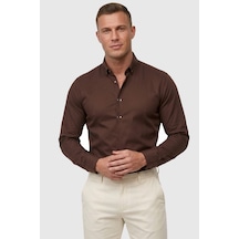 Deepsea Kahve Slim Fit Likralı Kolay Ütülenebilir Gizli Düğmeli Erkek Gömlek 2602614