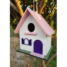 El Yapımı Ahşap Kuş Yuvası Dekoratif Kuş Evi Bahçe Balkon Dekorasyon Kayın Ağacı Vernikli Pembe Beya