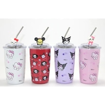 Dodes Sanrio Hello Kitty Ve Kuromi Figürlü Isı Muhafazalı Metal Pipetli Çelik Kupa Çok Renkli