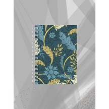 Koyu Mavi Botanik Desenli Defter 60 Yaprak / 120 Sayfa Çizgisiz Tel Spiralli Çok Renkli