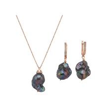 Siyah Barok İnci Kolye Küpe İkili Set 40 Cm / Rose Gümüş