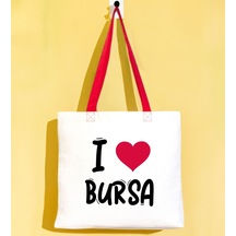 Bk Gift I Love Bursa Kırmızı Renkli Kulp Gabardin Bez Çanta 40x35cm, Baskılı Omuz Çantası, Alışveriş Çantası, Plaj Çantası
