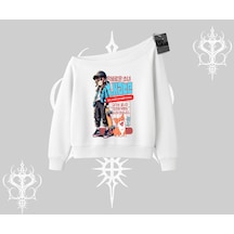 Kayık Yaka Sweatshirt Anime Hiker Girl Balance Is Everything Baskılı Beyaz