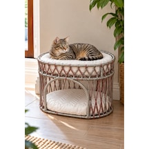 Reyo Tasaryum Çift Katlı Kedi Yatağı Ve Kedi Ranzası, Minderli İskandinav Tasarım Kedi Evi, Örgü Gövdeli Kedi Yuvası Gri