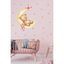 Ayda Uyuyan Sevimli Ayıcık Bebek Ve Pembe Yıldızlar Sticker Seti