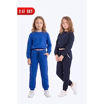 Fyk Kids 2'li Yuvarlak Yakalı Beli Lastikli Crop Kesim 4 Parça Kız Çocuk Alt Üst Eşofman Takımı Mavi-lacivert