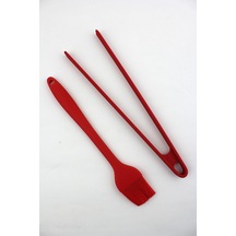 Lüks Büyük Boy Silikon 2 li Maşa Fırça Set Kırmızı 27cm