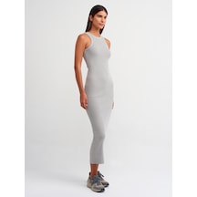 Dilvin Yıkama Efektli Midi Elbise Gri Açık Gri