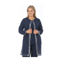 Ladies First Büyük Beden 3717 Lacivert Gümüş Ceket+Bluz İkili Takım Gümüş - Lacivert