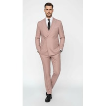Erkek Slim Fit Çizgili Takım Elbise 2 Top Düğmeli, Çift Yırtmaçlı Modern Kesim Kiremit