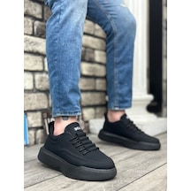 Ba0332 Merdiven Desen Bağcıklı Erkek Yüksek Taban Siyah Cilt Siyah Taban Spor Ayakkabı 001