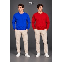 Erkek 2'li Bisiklet Yaka İçi Şardonlu 2 İplik Düz Uzun Kollu Regular Fit Sweatshirt - Mavi & Kırmızı Çok Renkli