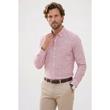 Tudors Erkek Regular Fit Rahat Kesim %100 Pamuk Keten Efektli Kol Katlamalı Düz Kırmızı Gömlek-52127