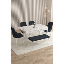Rovena Queen Beyaz Mermer Desen 80x132 Açılabilir Mutfak Masası Takımı 4 Sandalye, 1 Bench Antrasit 1267